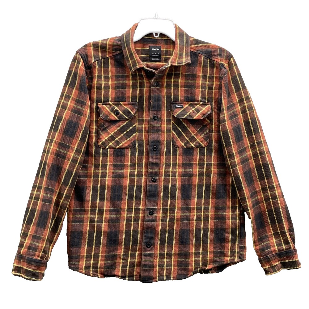 RVCA Flannel Shirt Men's Medium Orange Plaid Gorpcore Cabin 90s Grunge Camp Surf